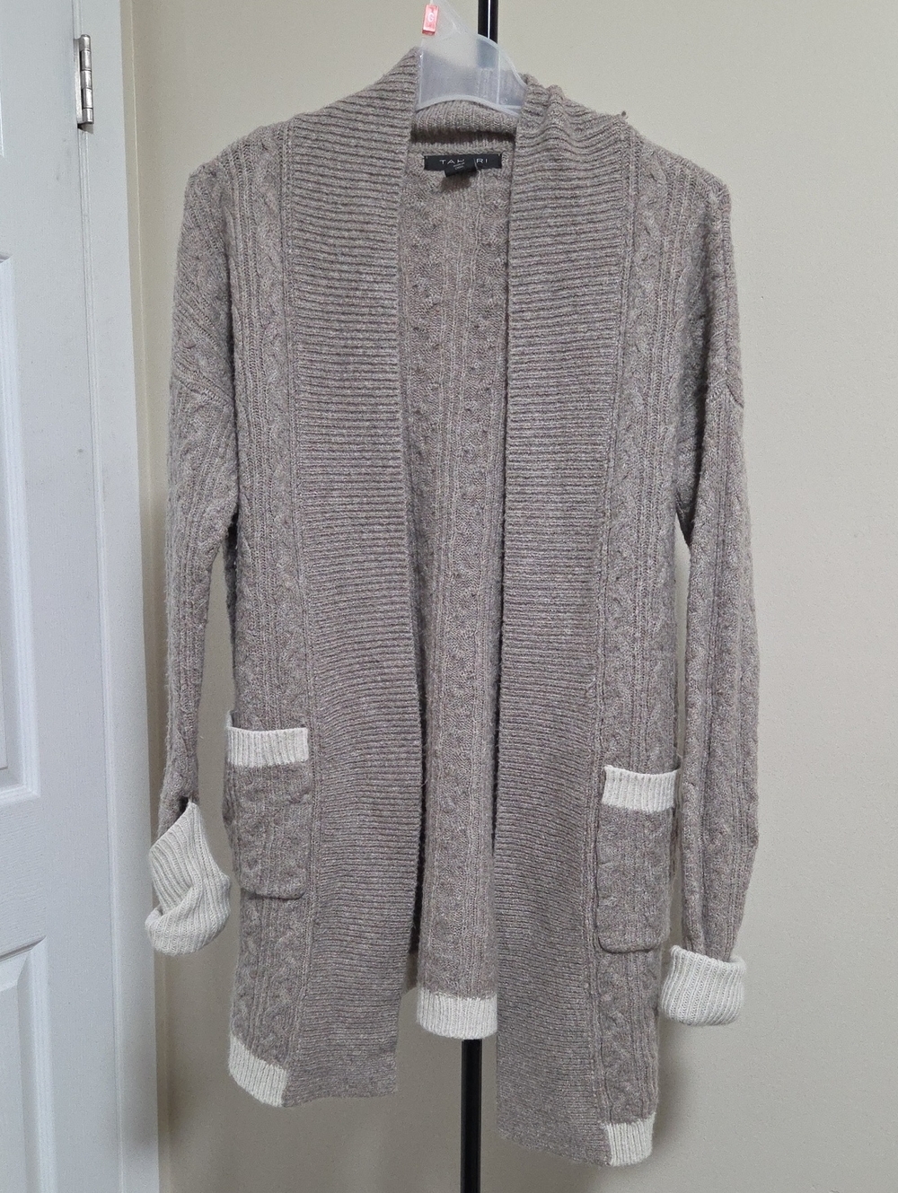 Tahari Taupe Cable Open-Front Cardigan with White Trim